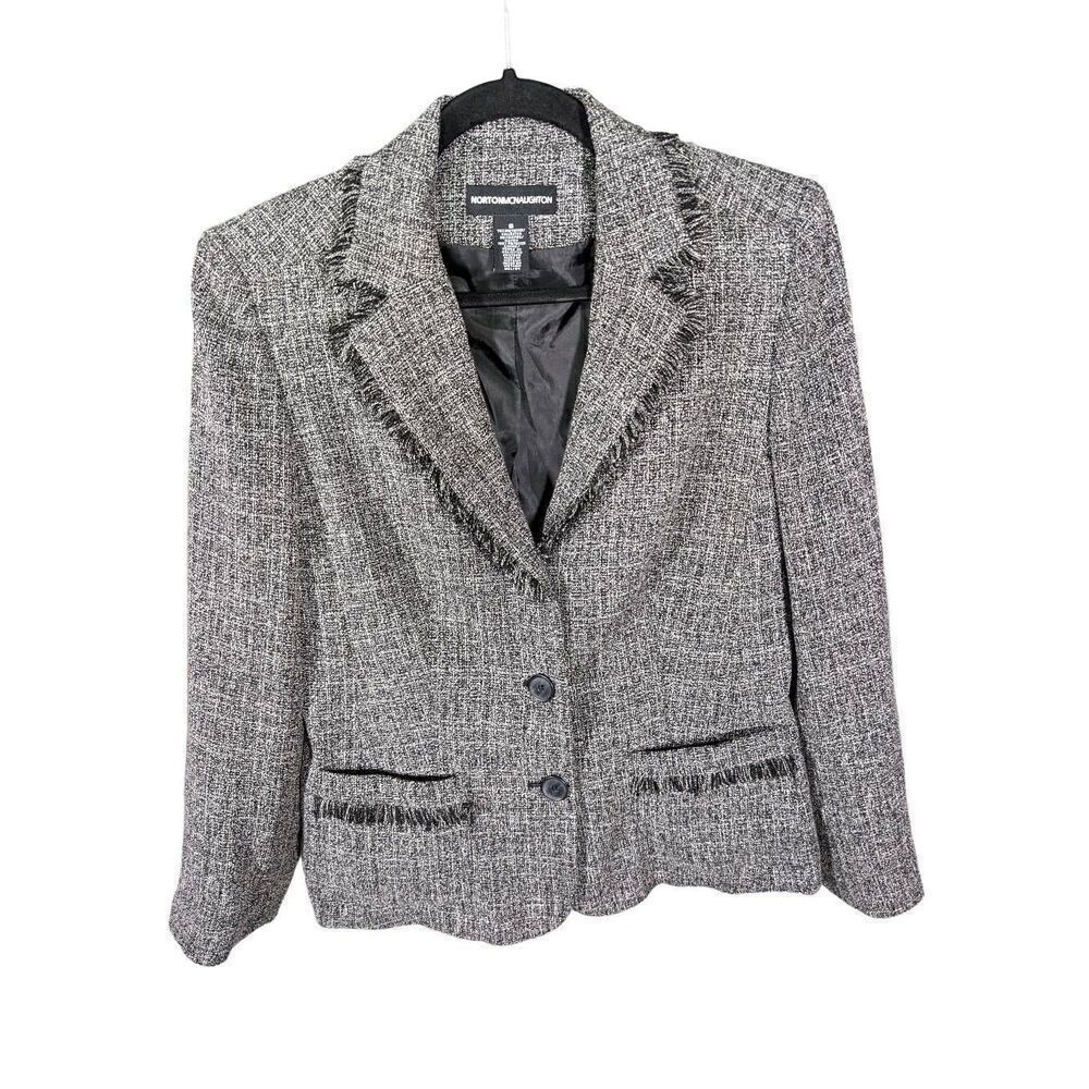 NORTON MCNAUGHTON Blazer and Skirt Black Tweed Fringe Trim Career Suit Size 6
